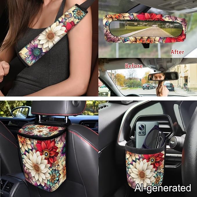 Dreaweet Dahlia Car Seat Covers Full Set for Women Flower Car Accessories 15 Pcs Set - Steering Wheel Cover Seatbelt Covers Car Coasters Trash Can Air Vent Storage Bag Rearview Mirror Cover Keychain