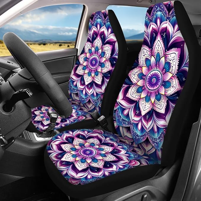 Purple Hippie Lotus Car Seat Covers Full Sets of 17Pcs Boho Lotus Car Accessories Set with Auto Front Rear Foot Carpet Car Seat Belt Cover Steering Wheel Cover,Universal Fit for Most Car SUV