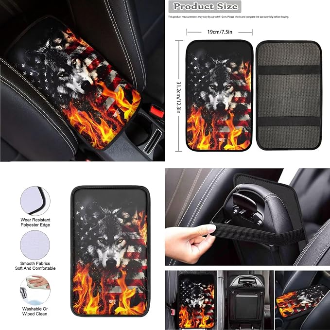 USA Flag Flame Wolf Print Car Interior Accessories Set of 8, Car Seat Covers, Auto Steering Wheel Cover, Auto Center Console Pad, Seat Belt Pads, Universal Fit Cars SUVs Trucks