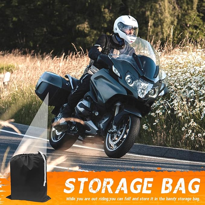 Motorcycle Cover Waterproof All Season Outdoor Protection, Fits up to 104 Inch, Compatible with Cruisers & Touring Models, with Locking Holes & Reflective Strips (Black&Orange)