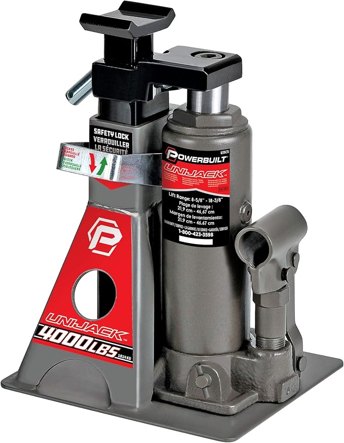 Powerbuilt 2 Ton UniJack Combination Hydraulic Bottle Jack / Jackstand in 1 Unit, Compact, Portable, Wide Base, for Unibody Sedans, CUVs, SUVs, Cars, - 620470