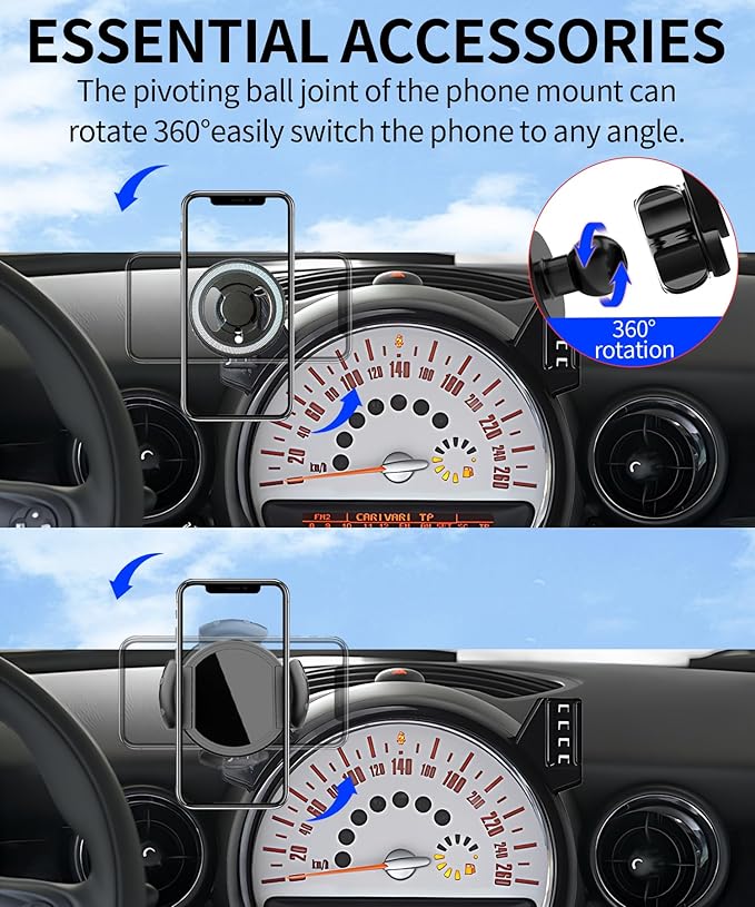 Magnetic Car Phone Mount for BMW MINI Cooper 2007 2008 2009 2010 2011 2012 2013 Accessories, for MagSafe Strong Magnets Cell Phone Holder, with Portable Phone Gripper 360° Rotation