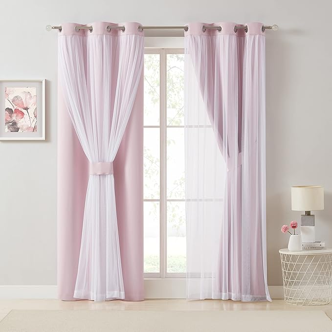 Bujasso Pink Blackout Curtains with Sheer Overlay Mix and Match Double Layer 80% Room Darkening Window Treatment Set for Girls Bedroom Living Room Pink Drapes with Tiebacks Grommet Top 37" Wx95 Lx2