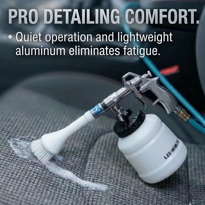 LE LEMATEC Interior Detailing Gun, Air Foam Car Wash Tool with Scrub Brush | Cleans Upholstery Carpet Vents Seats, Pneumatic Tornado Cannon, Solution Bottle, Auto Detail Kit