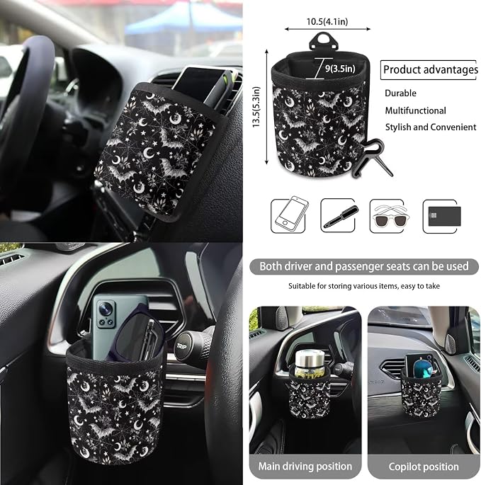 Spider Web Moon Car Seat Covers 15Pcs Full Set Car Steering Wheel Cover Seat Belt Cover Trash Bin Air Vent Storage Box Rear View Mirror Car Cup Holder Keychain Halloween Decor