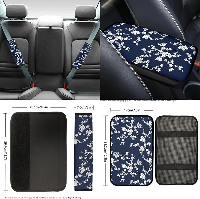 14 Pcs Floral Car Seat Covers Full Set Car Trash Can Coaster Seat Center Console Keychain Gear Lever and Handbrake Steering Wheel Seat Belt Covers/Chambray Bloom