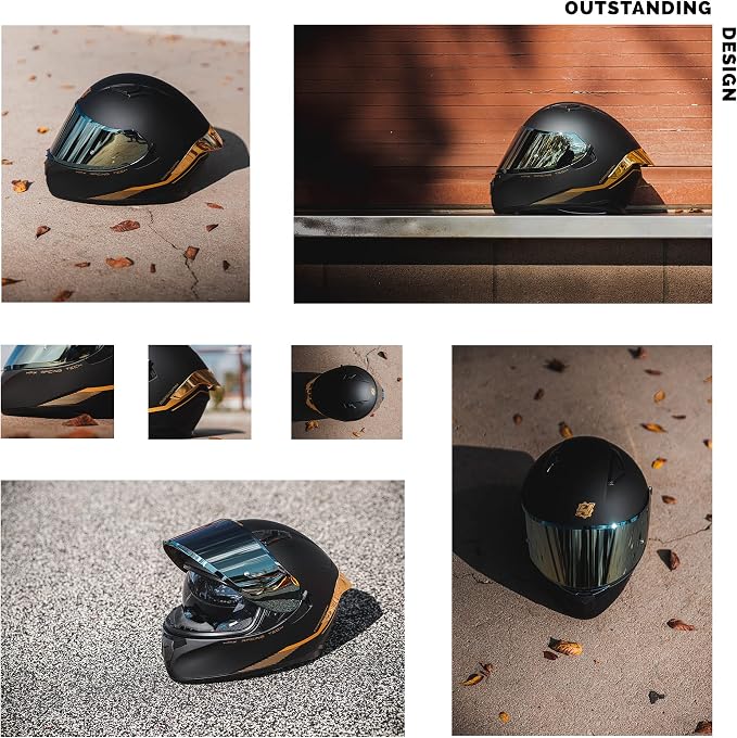 HAX Obsidian Full Face Dual Visor Adult Motorcycle Helmet for Motorbike Street Bike with Pinlock Ready DOT Approved Matte Black Gold XXL