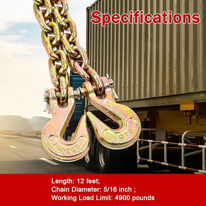 Heavy Duty G80 Transport Binder Chain 5/16'' Inch x 12 Feet,Tow Chain with G70 Clevis Grab Hooks,4900 lbs Safe Working Load Logging Chain for Transporting, Towing(5/16'' x 12FT Yellow).