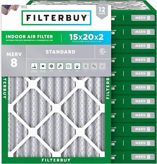 Filterbuy 15x20x2 Air Filter MERV 8 Essential Dust & Allergy Defense (12-Pack), Electrostatic Pleated HVAC AC Furnace Filters Replacement (Actual Size: 14.50 x 19.50 x 1.75)