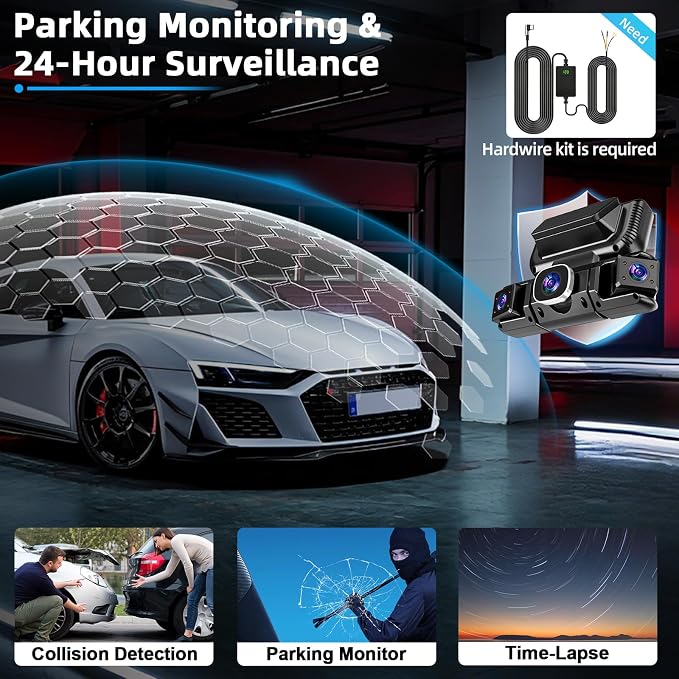 W6 4 Channel Dash Cam 360° Recording Dash Cam for Cars 2K Front + 1080P Rear & Side Cameras 5GHz WiFi & App Control, Night Vision, G-Sensor, Parking Monitor, 64GB SD Card Included