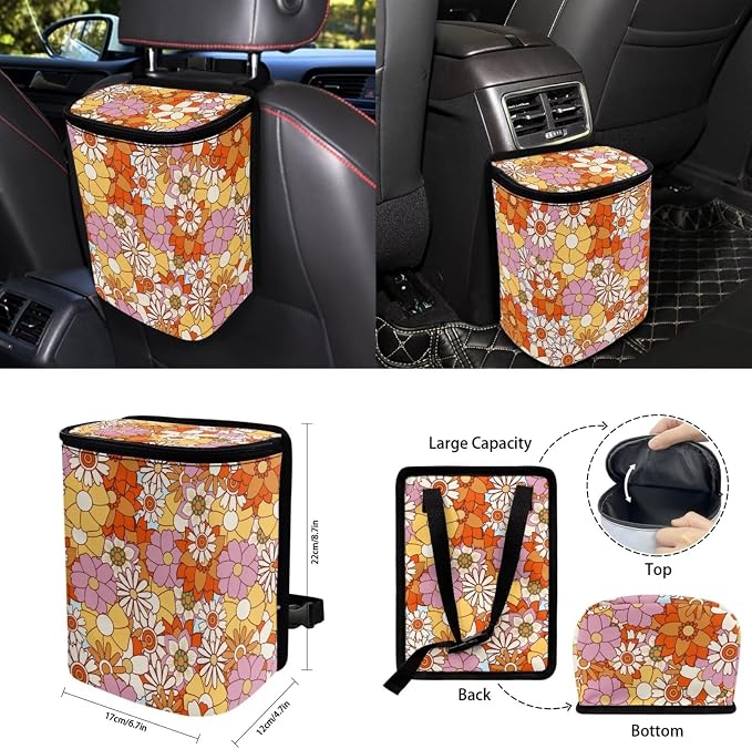 Hippie Flower Car Seat Covers Front Back Seat Cover Full Set with Car Steering Wheel Cover Safe Belt Pads Coasters Garbage Can Rear View Mirror Cover Keychain, 15 PCS