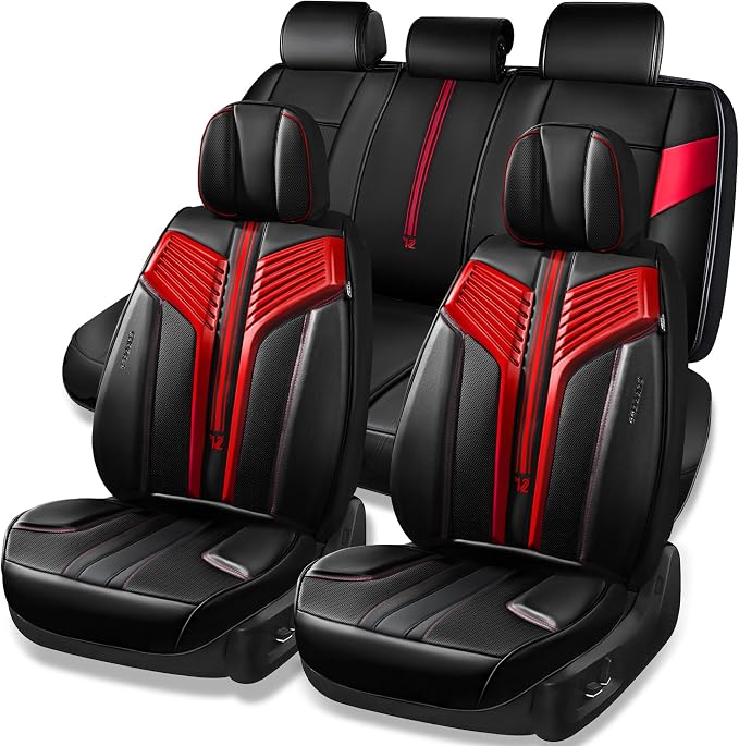 CAR PASS Nappa Leather Seat Covers, Breathable Waterproof Car Seat Covers Full Set, Luxury Leather Front and Back Seats Full Coverage, Universal Fit SUV Pick-up Truck Sedan Automotive(Black Red)