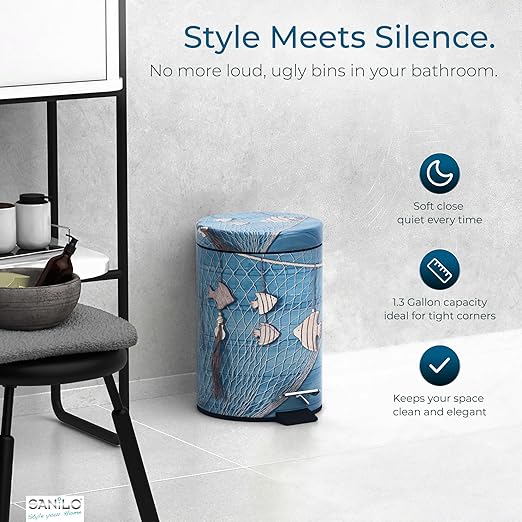 Sanilo Small Bathroom Trash Can with Lid [1.3 Gallon] - Lidded Tiny Trashcan for Garbage - Mini Metal Bin with Soft Closing Mechanism - Bath Room Accessoire Wastebin with Inner Bucket (Seafaring)