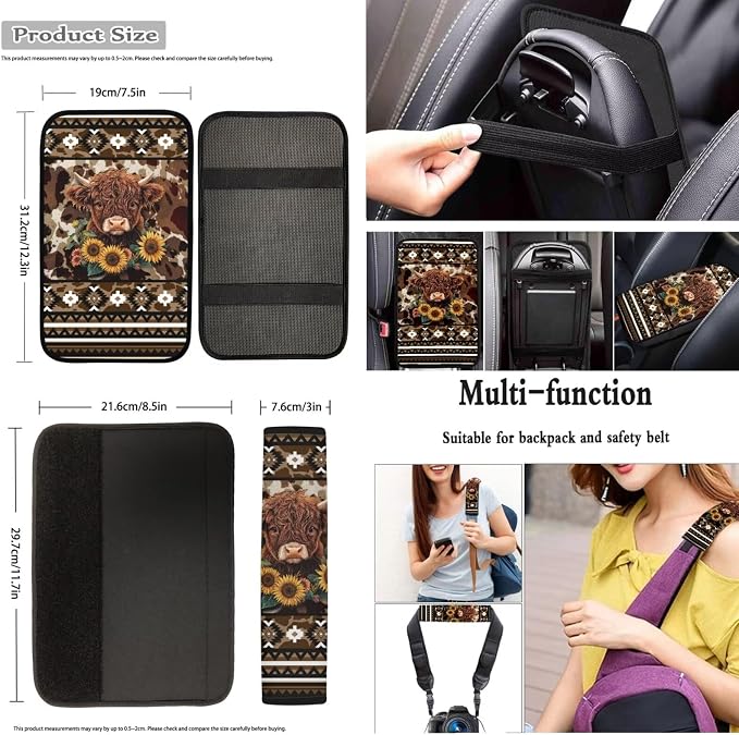 Dreaweet Aztec Brown Cow Print Car Seat Covers Full Set Cute Sunflower Highland Cow Car Accessories,Car Steering Wheel Cover Armrest Cover Seat Belt Pads Cup Holders Gear Shift Cover Handbrake Cover