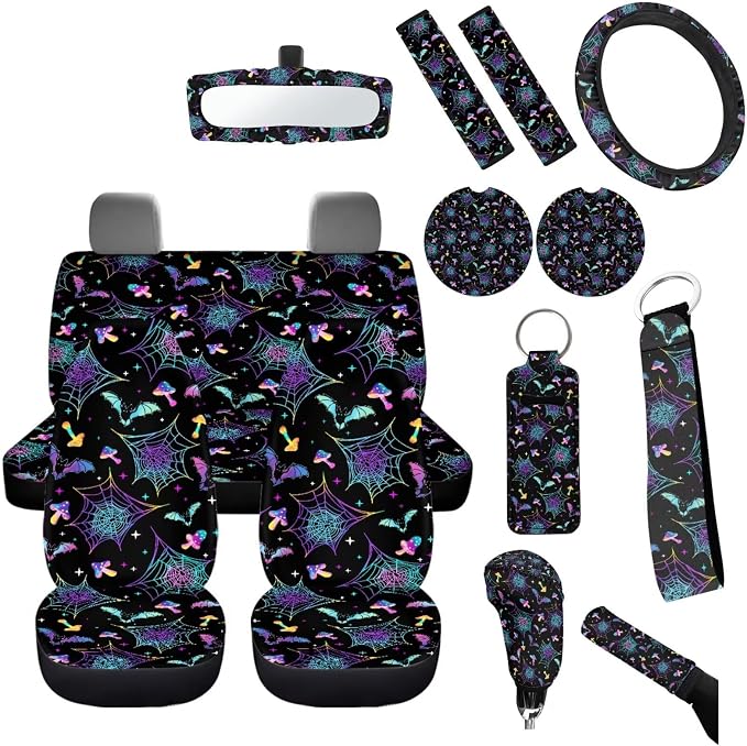 Halloween Galaxy Spider Web Car Seat Cover Full Sets Galaxy Bat Steering Wheel Cover Mushroom Coaster Seat Belt,Keyring,Auto Rear View Mirror Cover,14Pcs Halloween Car Interior Set for Women