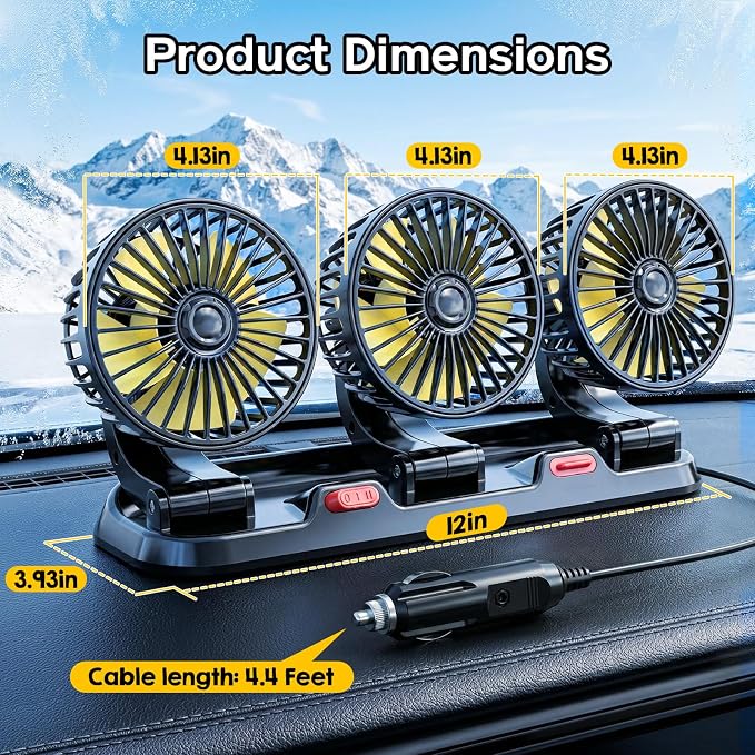 Portable 3-Head Car Cooling Fan, Fans for Vehicles Cars Trucks Dashboard (Cigarette Lighter Plug, No Battery)