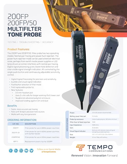TEMPO 200FP Multifilter Wire Tracer Probe | Premium Amplifier Cable Toner with DSP, Flashlight, Variable Gain, 60Hz Power Hum Filter