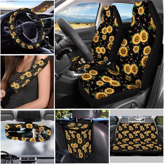 Sunflower Print Car Seat Covers Full Set with Steering Wheel Cover Car Seat Belt Cover Rear View Mirror Cover Car Trash Can Car Coasters Wristlet Keychain Keychains，Set 12 Pcs