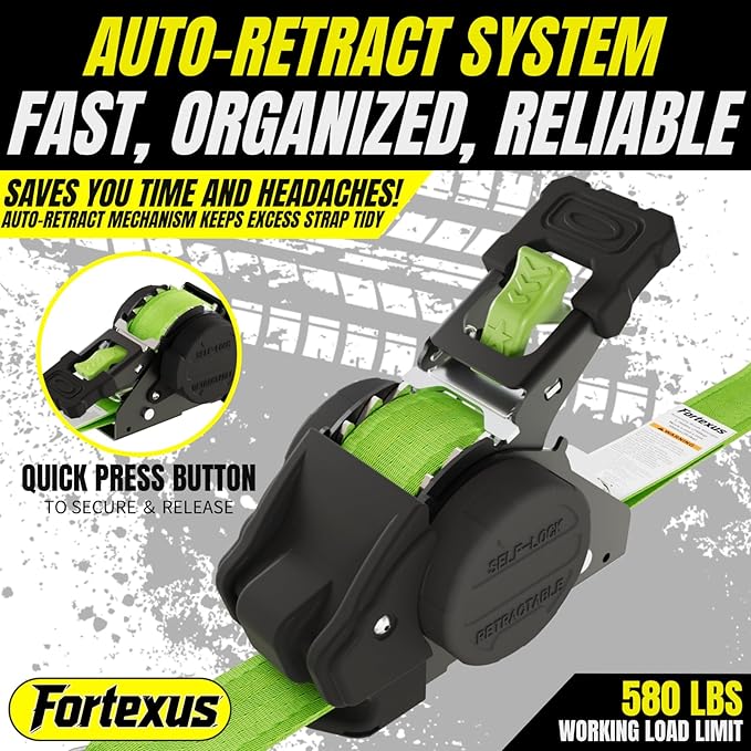 Retractable Ratchet Straps,1'' x 12' Tie Downs Automatic Retractable Ratchet Straps 1760lb Break Strength for Trailer,Motorcycle,Scooter,Pickup Truck,UTV,Kayak(Neon Green,4 Pack)