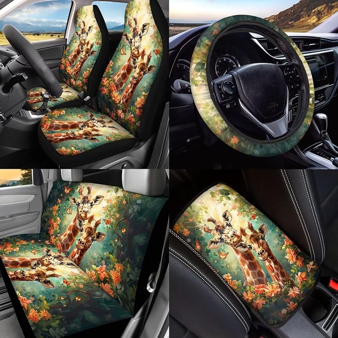 BIGCARJOB Animal Giraffe Car Seat Cover Set for Front and Rear,15 Pcs Funny Car Seat Interior Accessories Full Set with Seat Belt Pads,Car Seat Head Rest Protective Cover,Auto Garbage Bag