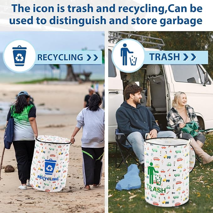 Jingmore 2 Pcs 30 Gallon Collapsible Trash Can, Waterproof Portable Camping Garbage Can with Zippered Lid, Reusable for Rv Laundry Hamper, Camping, Recycling, Yard Waste, Leaf Bag Toy Bin