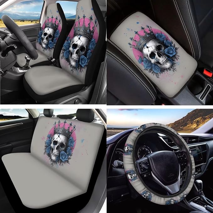 Crown Skull Print Seat Cover Full Set for Cars Rose Print Front and Rear Split Bench Seat Covers+Steering Wheel Cover+Seatbelt Pads+Headrest Covers+Center Console Pad for SUV Truck etc