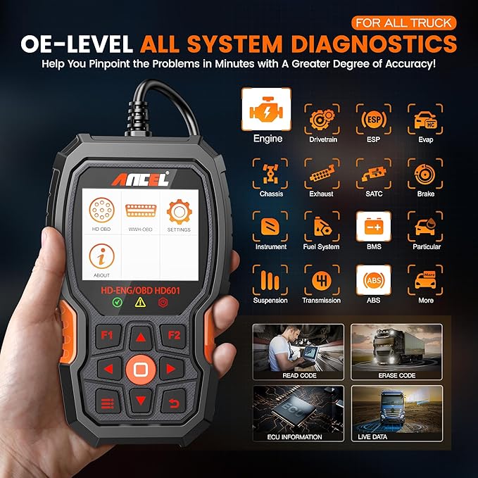 ANCEL HD601 PRO Heavy Duty Truck Scanner with ANCEL BD200 Pro OBD2 Scanner Bluetooth