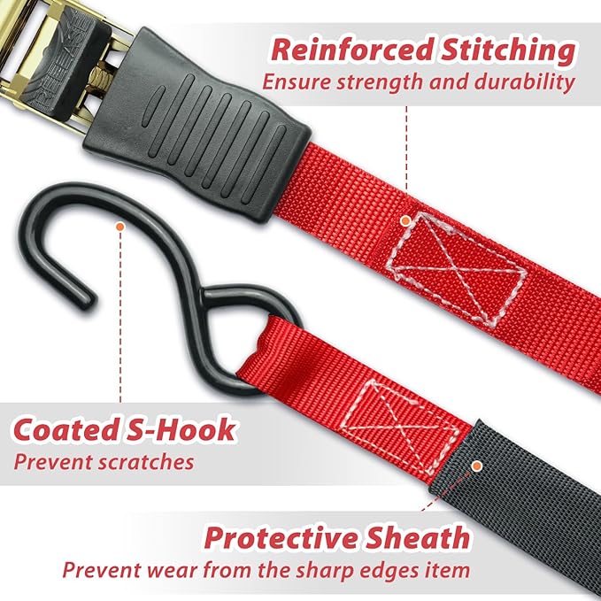 Ratchet Tie Down Strap 8-Pack 15 Ft - 500 lbs Load Cap with 1500 lbs Breaking Limit, Ohuhu Ratchet Tie Downs Logistic Cargo Straps for Moving Appliances, Motorcycle (Red)
