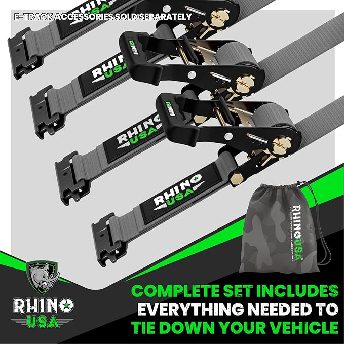 Rhino USA E Track Ratchet Tie Down Straps (4,500lb Break Strength) - Includes (4) Premium 2" x 16' eTrack Tie Downs - Ultimate Heavy Duty eTrack Cargo Strap System for Trailer, Truck, Motorcycle