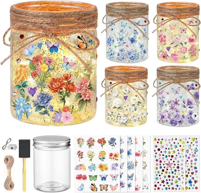 Cinrobiye 24 Set Mason Jar DIY Craft Kit Flower and Butterfly Lanterns with LED Lights Spring Table Centerpiece Decorations Wedding Baby Shower Party Supplies
