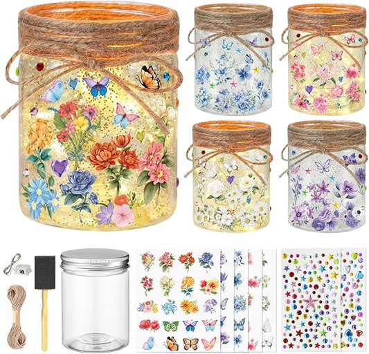 Cinrobiye 24 Set Mason Jar DIY Craft Kit Flower and Butterfly Lanterns with LED Lights Spring Table Centerpiece Decorations Wedding Baby Shower Party Supplies