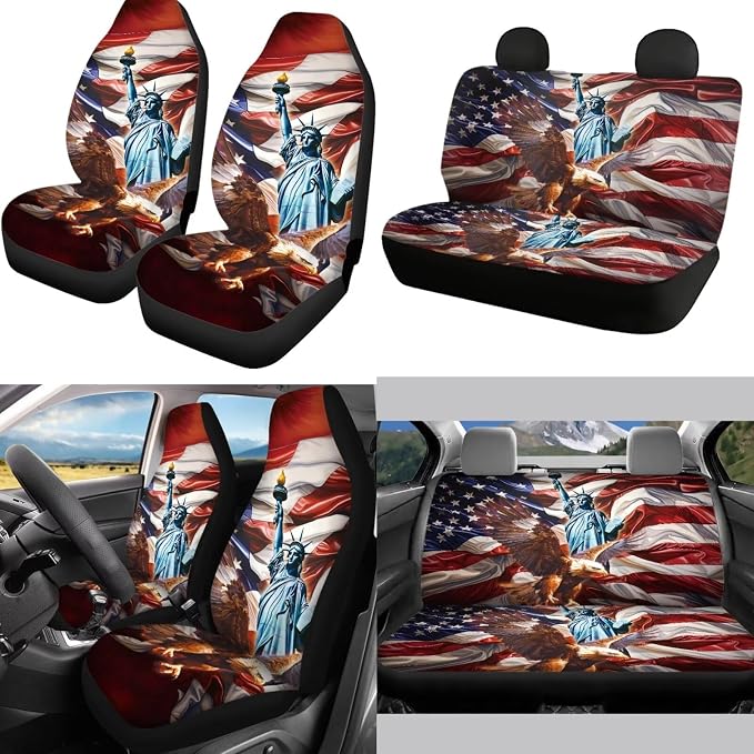 Mumeson State of Liberty Eagle 8 Pieces Set Car Seat Covers Car Seat Covers with 1 Pair Car Seatbelt Covers Soft Shoulder Cushion Pad Rubber Steering Wheel Covers Car Armrest Cover
