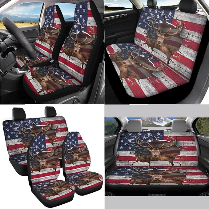 3D Deer American Flag Print Car Accessories Set of 13, 4 PCS Car Front and Rear Seat Covers, 1 Steering Wheel Cover, 4 PCS Soft Seat Belt Shoulder Pad and 4 PCS Cup Coasters Fit for SUV Van