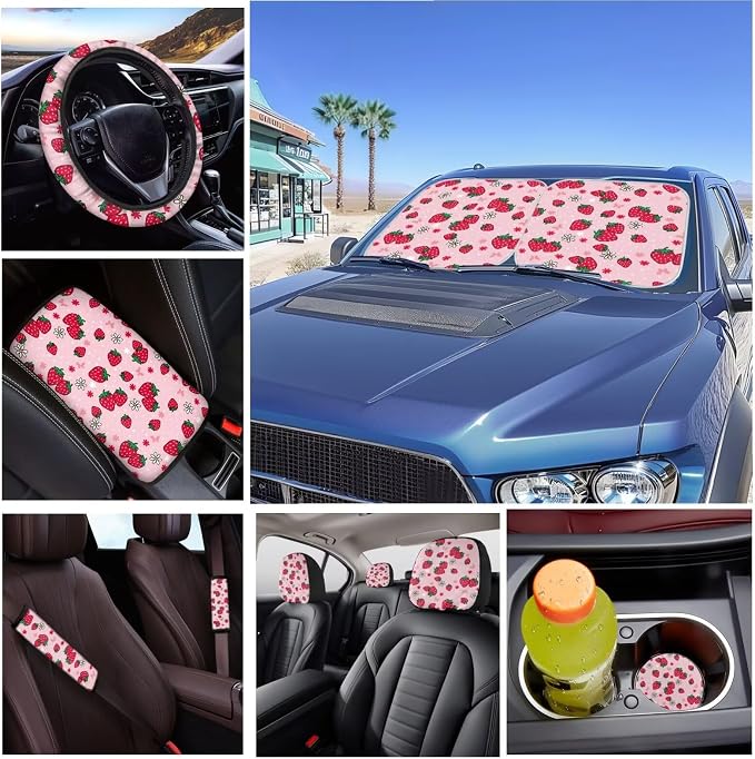 Pink Strawberry Car Seat Cover Sets with Steering Wheel Cover,Car Sun Shade,Seat Belt Covers Cup Holder with Keychain,Fruit Car Accessoires Universal Fit Most Cars SUV Trucks,16 Pack