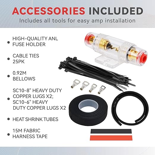 8 Gauge Complete Car Amplifier Installation Wiring Kit, Premium CCA Automotive Audio Systems Cable with OFC 2-Channel RCA Cable & Full Accessories, Brings Power to Radio, Subwoofer and Speaker, DIY