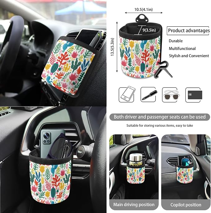 Floral Cactus Print 15 Pack Car Seat Covers Set with Steering Wheel Cover Seat Belt Strap Pad Rear View Mirror Cover Air Vent Storage Bag Garbage Cans Cup Holder Keychain Car Decor