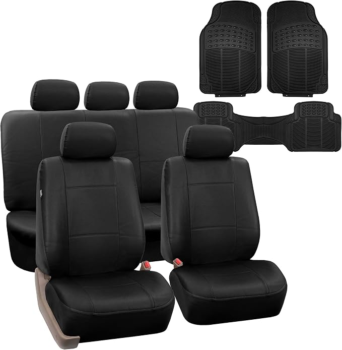 FH Group Car Seat Cover Airbag Compatible Full Set Black Premium PU Leather - Split Bench Combo Vinyl Floor Mats Seat Covers Interior Accessories Universal Fit for Cars Trucks SUV
