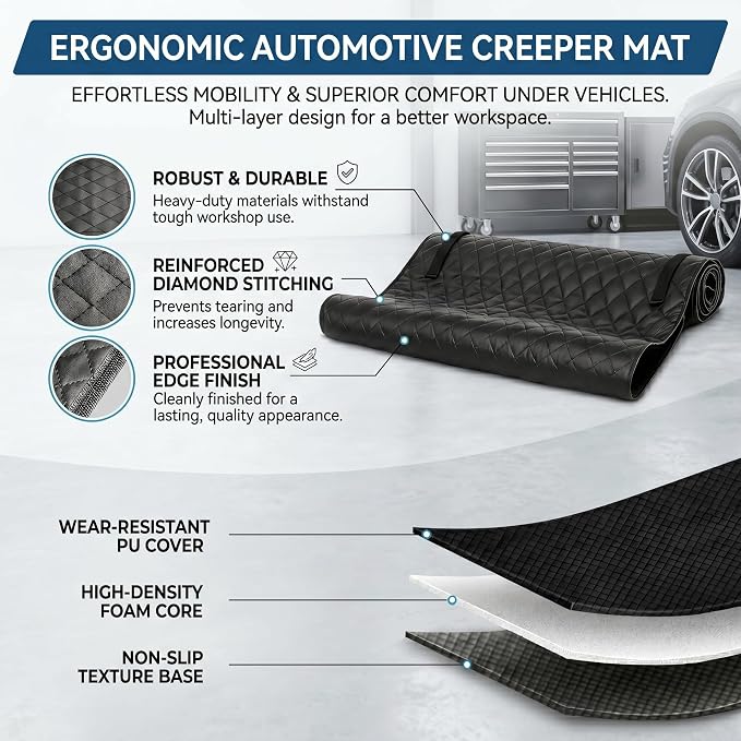 60''x28'' Rolling Creeper Mat with Storage Bag, Foldable Two-Layer Automotive Mechanic Repair Mat, Mechanic Creeper for Low Clearance, Special Roads, Long-Distance Trucks, Mechanics Pad, Black