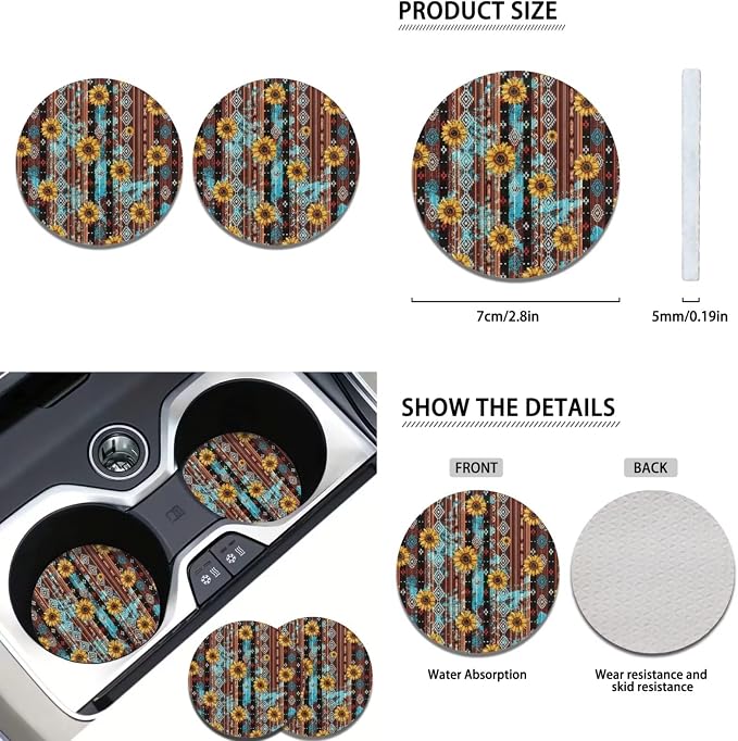 Howilath Western Aztec Tribal Sunflower Car Seat Cushion Cover Interior Accessories with Steering Wheel Covers+Seat Belt Cover Pad+Keychains+Cup Coasters Fit Most Vehicle - 13 Piece