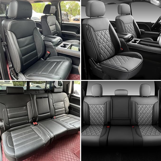 Custom Napa Leather Seat Covers for Chevy Silverado & GMC Sierra Crew Cab, 46-Split Flat Rear Bench Design, Compatible with 2019-2026 1500 and 2020-2026 2500HD 3500HD(Full Set, Black&Gray)