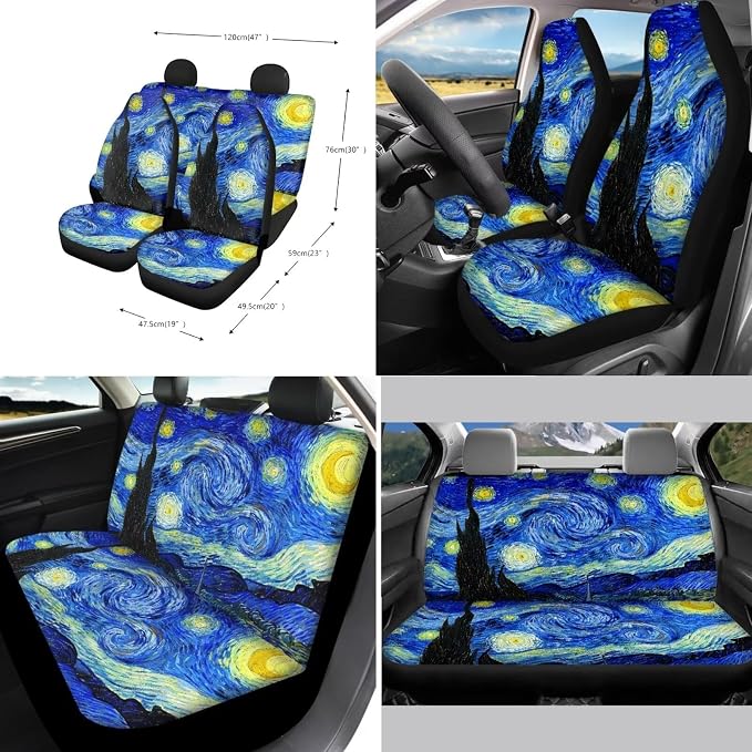 Suobstales Starry Night Print Car Seat Covers Full Set for Women Girly Seat Cover Protector Auto Decorative with Steering Wheel Cover +Seat Belt Covers +Coasters +Keychains