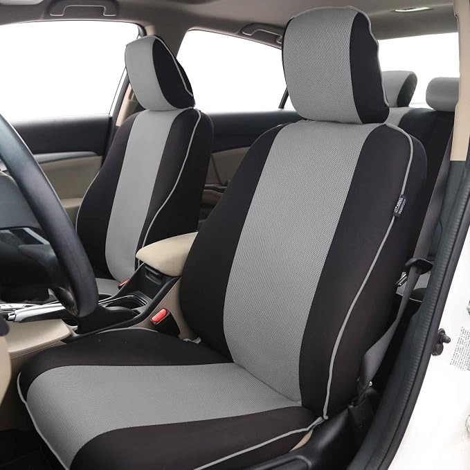 FH Group Car Seat Covers Three Row 7 Seater Cloth Car Seat Covers with Piping (Airbag and Split Ready) - Universal Fit for Cars Trucks & SUVs Gray/Black