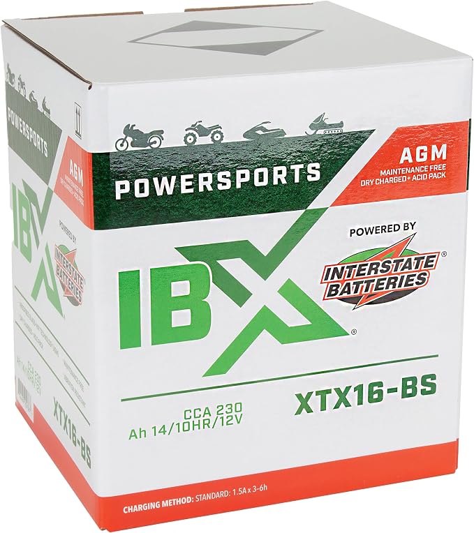 Interstate Batteries YTX16-BS 12V 14Ah Powersports Battery 230CCA AGM Rechargeable Replacement for ATVs, Motorcycles, Scooters (XTX16-BS)