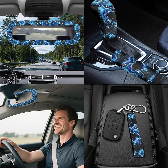 Neon Dolphin Car Seat Covers Full Sets of 18 Pack Blue Dolphin Car Interior Accessories Set with Soft Car Seat Belt Pads Cover Car Headrest Covers Steering Wheel Car Covers Coasters Washable