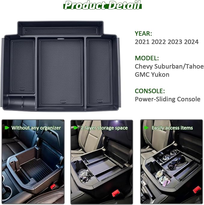 TOPINSTALL Dash Center Console Tray and Power-Sliding Console Black Tray Compatible with 2021-2023 2024 Tahoe/Suburban/Yukon Accessories, Full-Size Armrest Organizer New Dashboard Storage Organizer