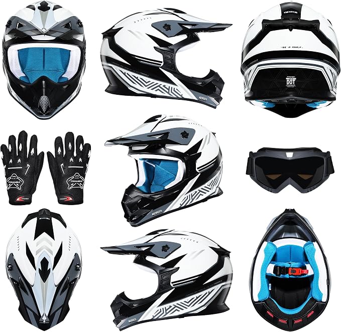 TRIANGLE Adult Dirt Bike Helmet Full Face Motorcycle Helmets with Adjustable Goggles & Gloves - DOT/FMVSS-218 Certified Motocross Helmet for Off-Road ATV BMX UTV