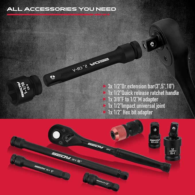 Master 1/2" Drive Impact Socket Set, 67-Piece Standard & Deep Master Impact Socket Set SAE 3/8"-1-1/4" & Metric 8-24mm Socket Set with Ratched Hand, Extension Bar, Reducer, Impact Universal Joint,Cr-V