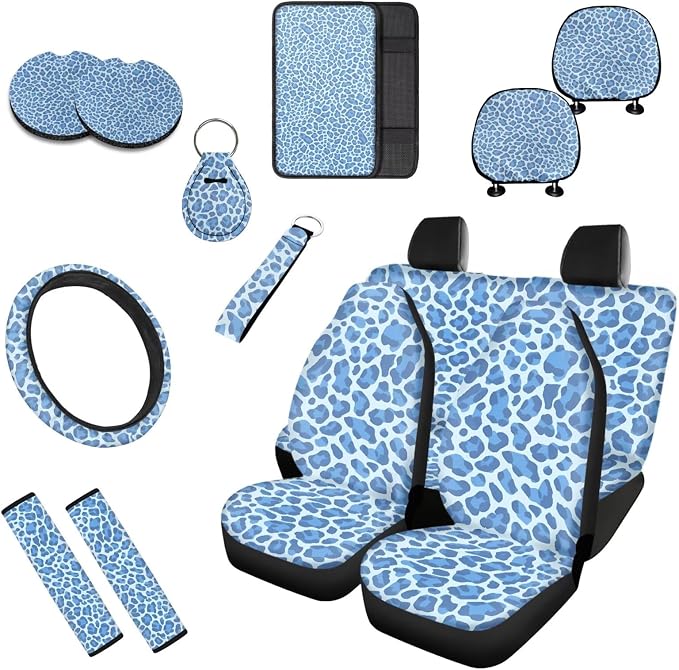 Blue Leopard 13 PCS Car Seat Cover Blue Leopard Spot Set Car Seat Cover Full Set Trucks Sedan SUV Seat Animal Skin Texture Belt Pads Steering Wheel Cover Car Accessories