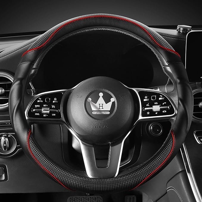 HighnessHwoo 3D Car Steering Wheel Cover Comfort Grip Massage Sporty Anti-Slip Carbon Fiber Faux Leather for Sedan SUV, Universal Fit, Car Handle Covers for All Seasons, 14.75-15.15in, Red