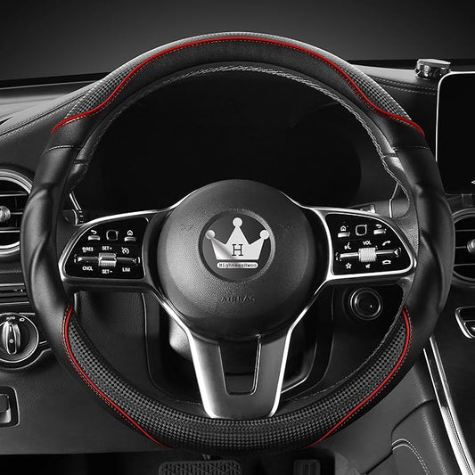 HighnessHwoo 3D Car Steering Wheel Cover Comfort Grip Massage Sporty Anti-Slip Carbon Fiber Faux Leather for Sedan SUV, Universal Fit, Car Handle Covers for All Seasons, 14.75-15.15in, Red